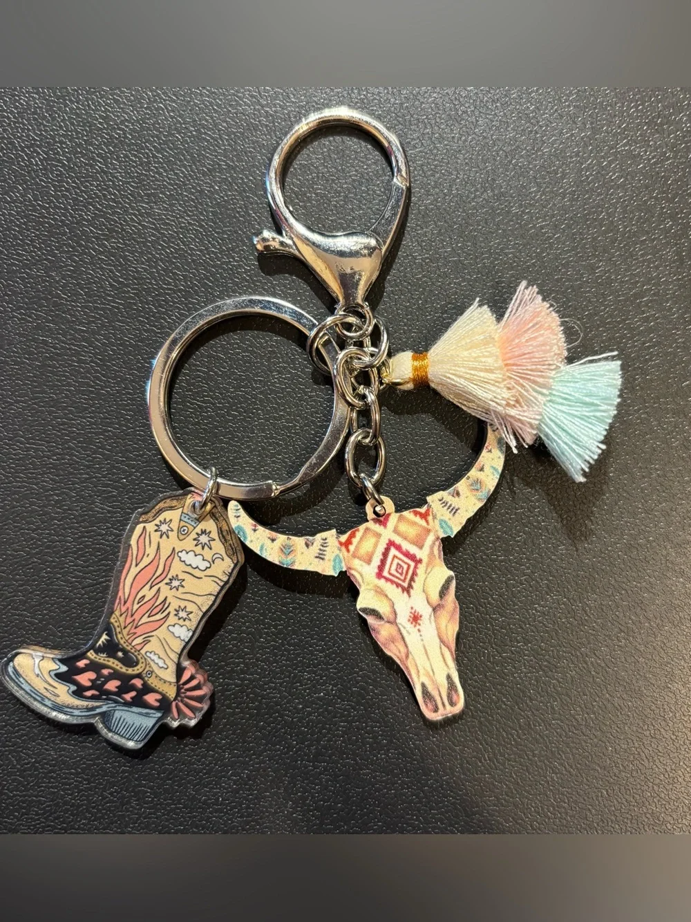 Decorative Western Boot & Bull Skull Keychain/Purse Charm with Pastel Tassels